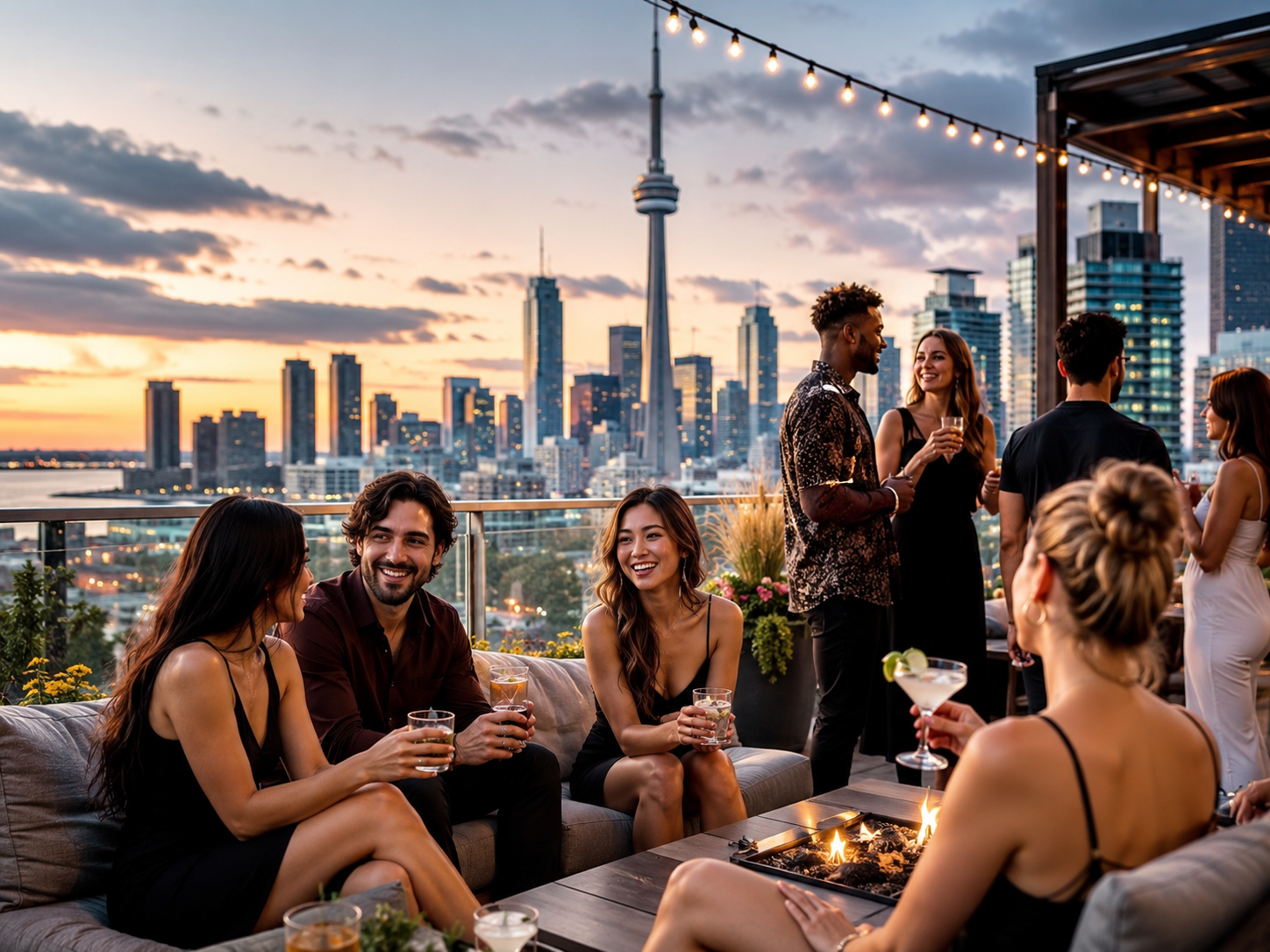 Toronto rooftop social gathering with skyline view