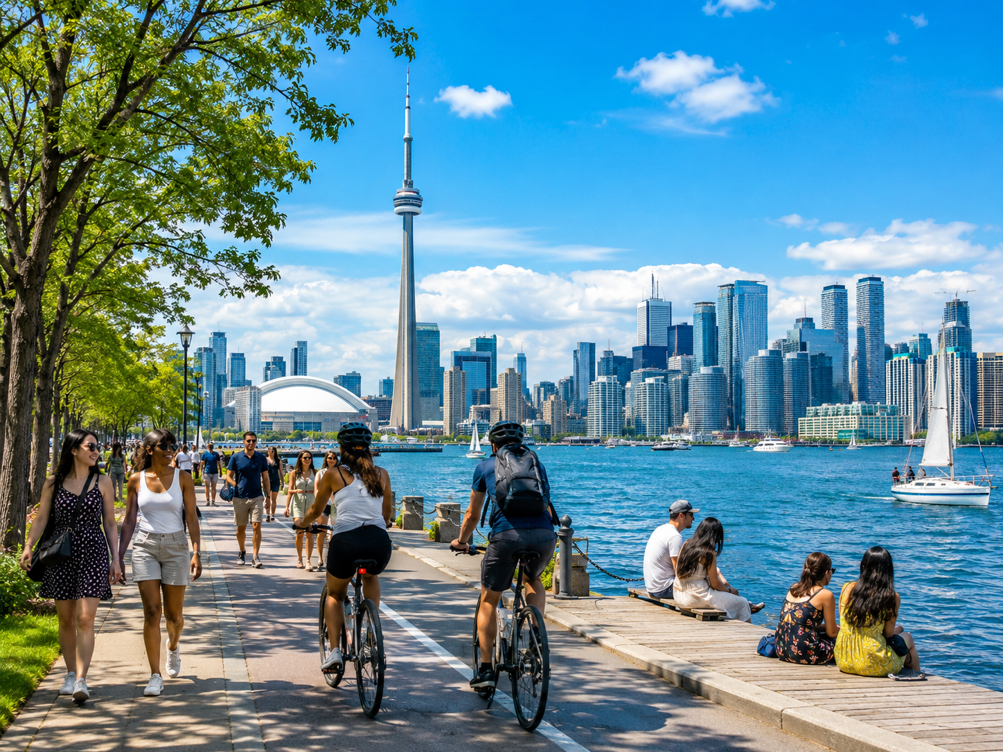 People biking and walking along Toronto waterfront