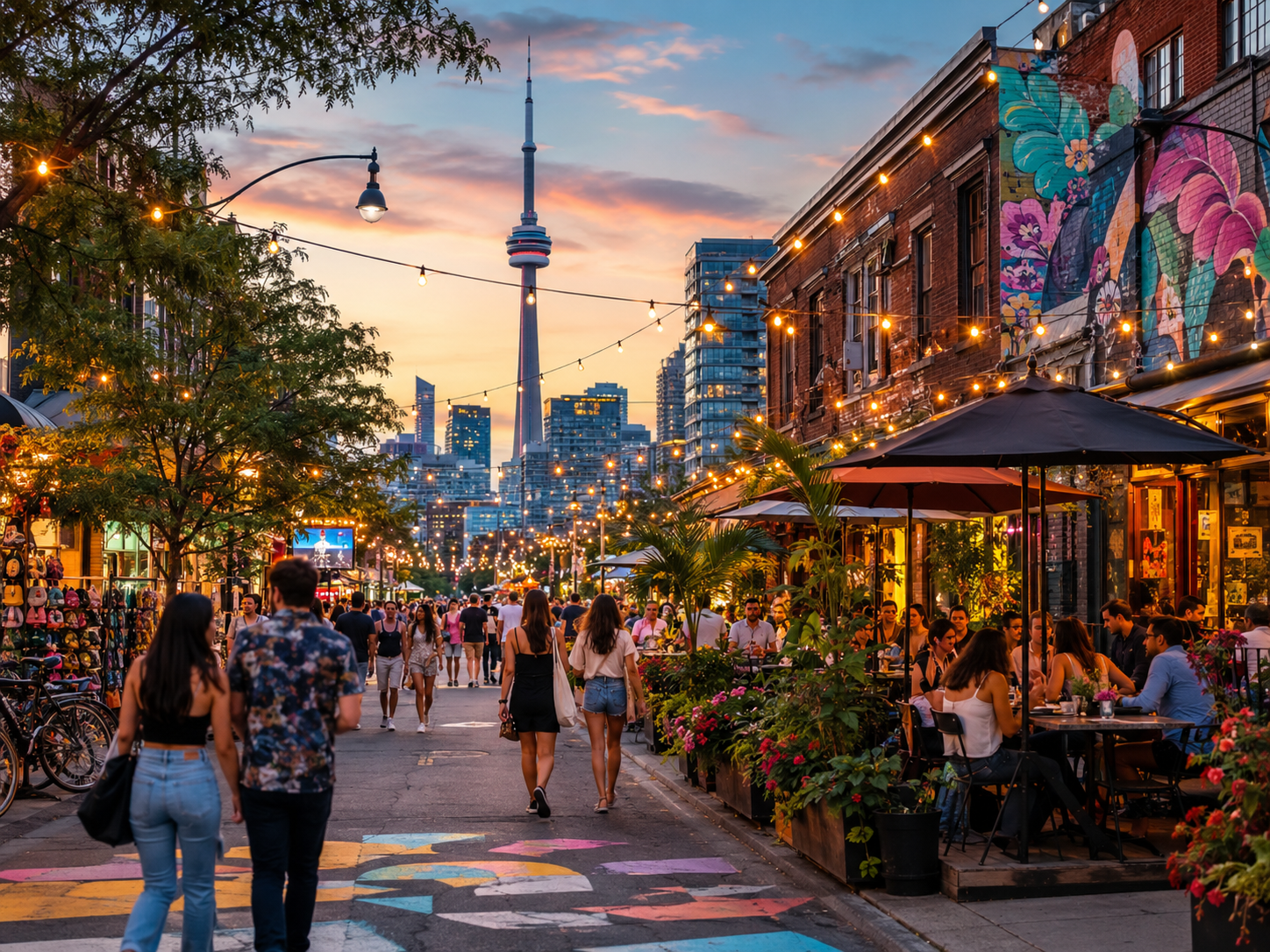Lively Toronto street with dining and string lights at dusk